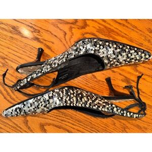 Beverly Feldman Sequined Slingback Heels Women's Size 7 Black Silver Sparkle